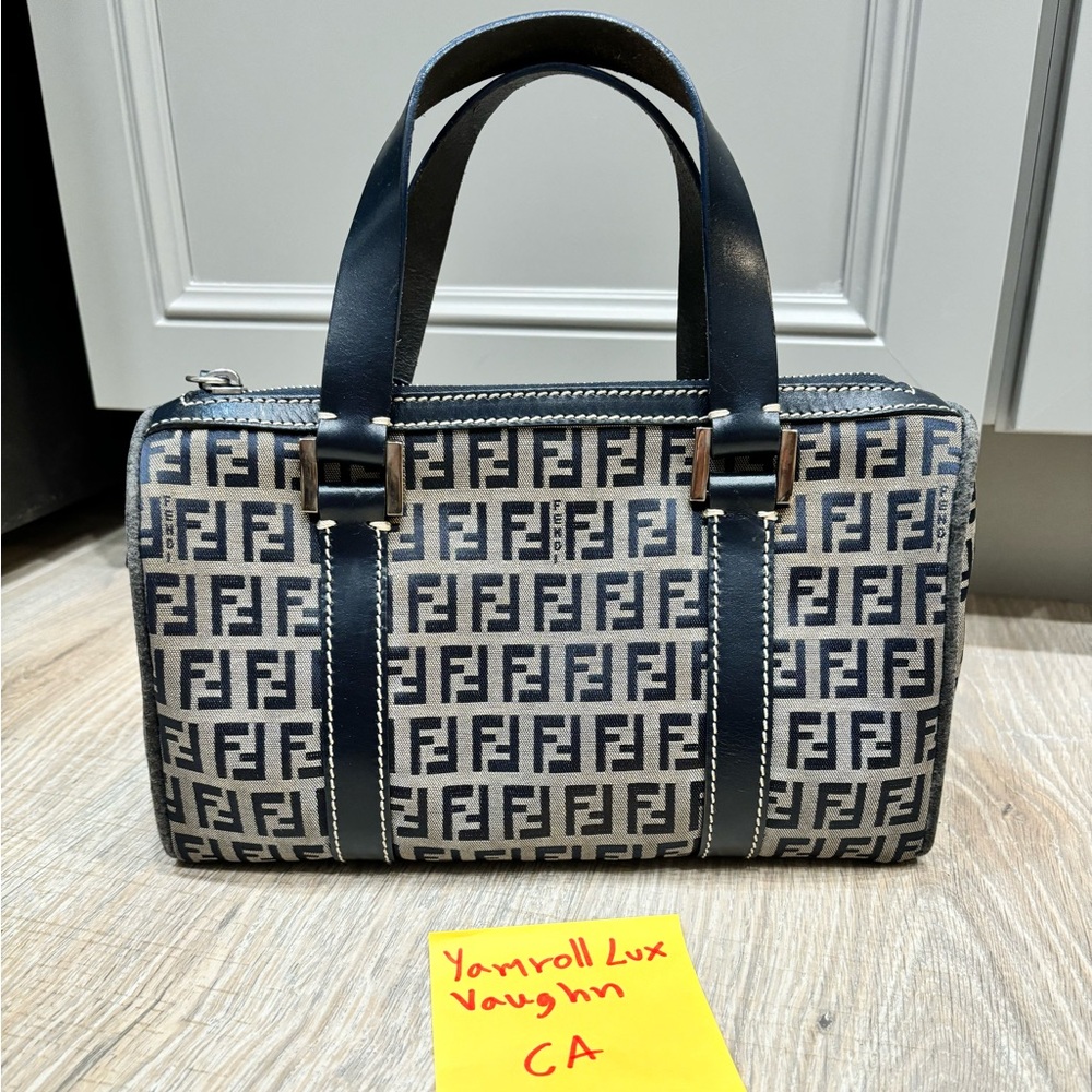 Auth Vintage Fendi Zucca boston Navy Mini Top Handle Bag